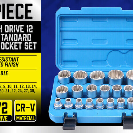 21Pc 12-Point Socket Set 1/2-inch Drive Grip Sleeve Storage Case Metric 8mm-36mm