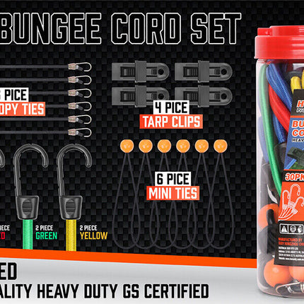 30-Piece Premium Bungee Cord Assortment Includes 10” to 40” Bungee Cords, Canopy Ties & Tarp Clips