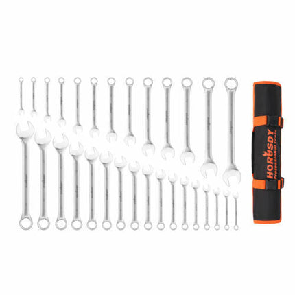 30Pc Combination Spanner Set Open Ring End Wrench Metric & Imperial CRV w/ Pouch