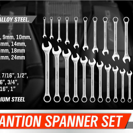 30Pc Combination Spanner Set Open Ring End Wrench Metric & Imperial CRV w/ Pouch