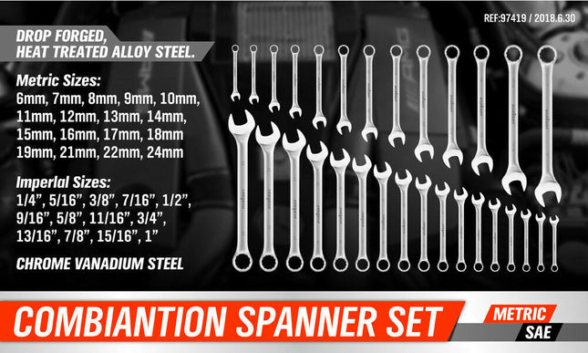 30Pc Combination Spanner Set Open Ring End Wrench Metric & Imperial CRV w/ Pouch