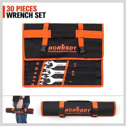 30Pc Combination Spanner Set Open Ring End Wrench Metric & Imperial CRV w/ Pouch