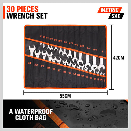 30Pc Combination Spanner Set Open Ring End Wrench Metric & Imperial CRV w/ Pouch