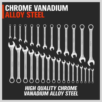 30Pc Combination Spanner Set Open Ring End Wrench Metric & Imperial CRV w/ Pouch