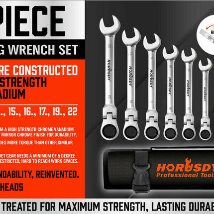10Pc Flexible Head Ratchet Spanner Set Metric Wrench CRV With Carry Pouch 8-22MM