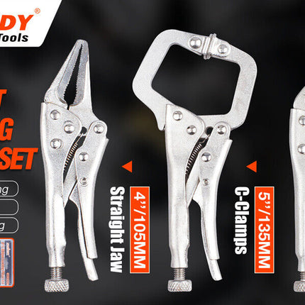 3Pc Mini Lock Grip Pliers Stubby Curved Jaw C-Clamp Long Nose Vise Welding Hold