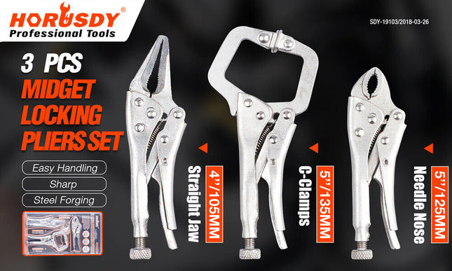 3Pc Mini Lock Grip Pliers Stubby Curved Jaw C-Clamp Long Nose Vise Welding Hold