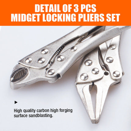 3Pc Mini Lock Grip Pliers Stubby Curved Jaw C-Clamp Long Nose Vise Welding Hold