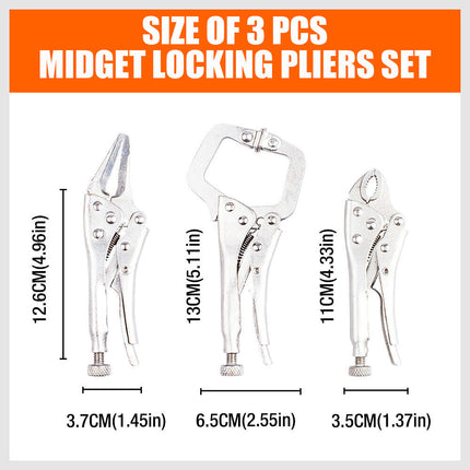 3Pc Mini Lock Grip Pliers Stubby Curved Jaw C-Clamp Long Nose Vise Welding Hold