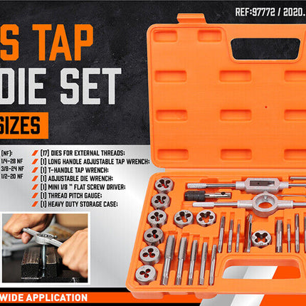 40Pc Tap And Die Set Imperial SAE Screw Screwdriver Thread Drill W/t Pitch Gauge