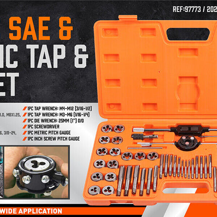 60Pc Tap And Die Set Metric Imperial Screw Screwdriver Thread Drill Pitch Gauge