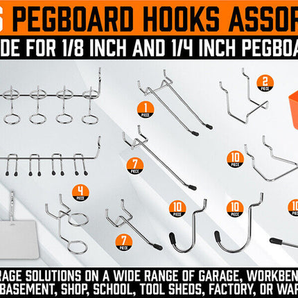 142Pc Pegboard Hooks Set Peg board Hanger Assortment Storage Trays Organizer Bin