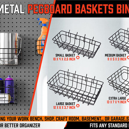 4Pc Pegboard Baskets Set Storage Bins Peg Board Organizer 4 Size Display Hangers