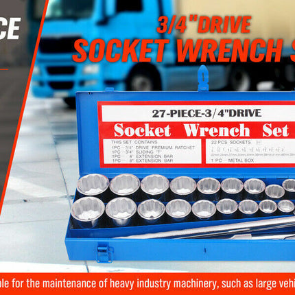 27Pc Heavy Duty Socket Wrench Set 3/4" Drive Metric & Imperial Extension Case