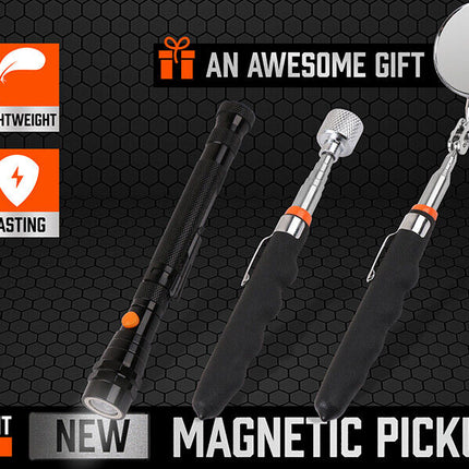 3Pc Magnetic Pick Up Tool Swivel Inspection Mirror Flexible Telescope LED Light