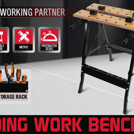 Foldable Work Bench Mobile Sawhorse Garage Trestle Wood Cutting Anti-slip Table