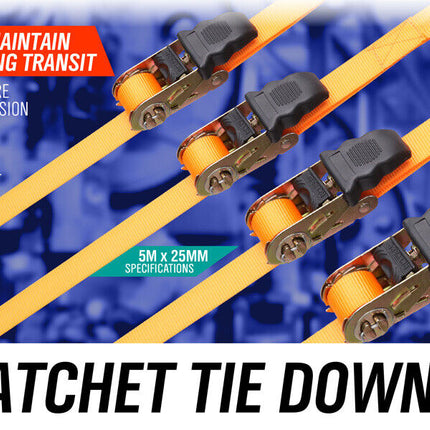 4Pc Ratchet Tie Down Strap Set 25mm x 5m Heavy Duty 500kg Capacity Commercial