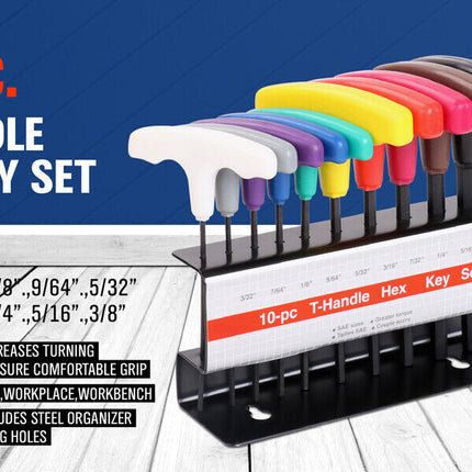 10-Piece T-Handle Hex Key Set, Allen Wrench SAE/Imperial Sizes 3/32"-3/8", Heat-Treated Steel with Color-Code Organizer Stand
