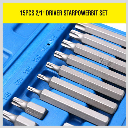 15Pc Torx Bit Set Long & Short Star Key Torque Bits 1/2" Drive CRV Storage Case
