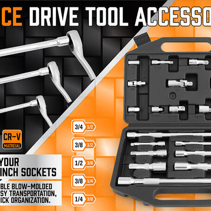 20Pc Socket Extension & Adaptor Set Flexible Joint Reducer Combination Drive Kit