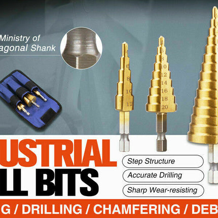 HSS 3pcs Steel Step Cone Set Drill Titanium Bit Hole Cutter 4-12/20/32mm Pouch