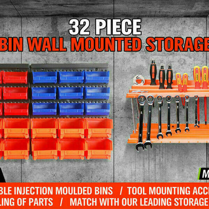 32Pc Wall Mounted Storage Rack Bins Parts Holder Tools Organiser Hanger Garage