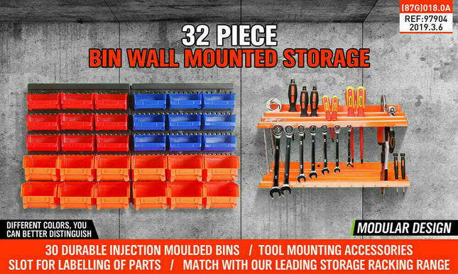 32Pc Wall Mounted Storage Rack Bins Parts Holder Tools Organiser Hanger Garage