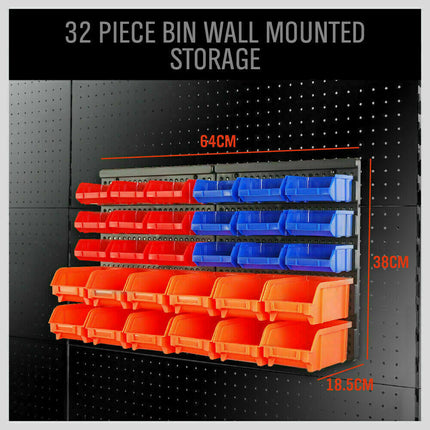 32Pc Wall Mounted Storage Rack Bins Parts Holder Tools Organiser Hanger Garage
