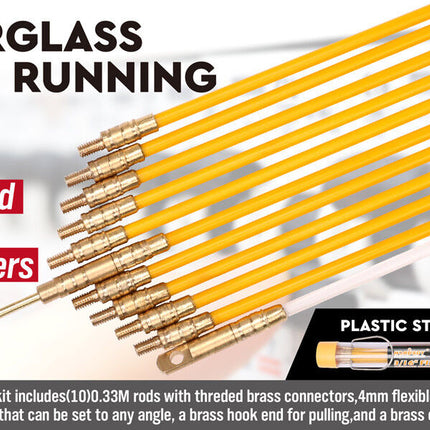 3.3m ⏀ 4mm Fibreglass Electricians Push Pull Rods Cable Cavity Contractors Duct