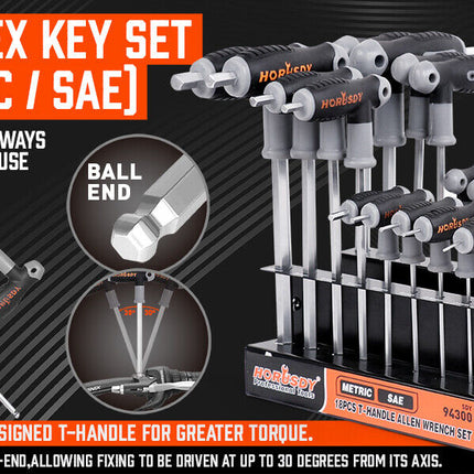18-Piece T-Handle Hex Key Set, SAE/Imperial & Metric Sizes Allen Wrench Set Long Arm with Ball End