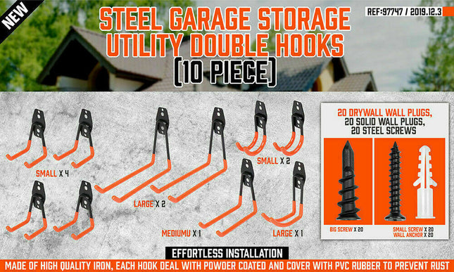 10-Pack Wall Mount Garage Hooks Tool Storage Workshop Organizer Heavy Duty Steel