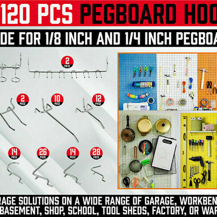 120Pc Pegboard Hooks Set Slat Wall Hanger Garage Organizer Shop Display Hanging