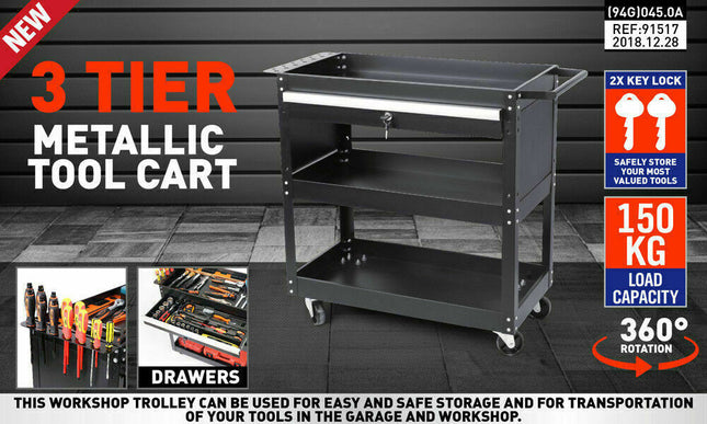 3-Tier Tool Cart Storage Trolley Lock Drawer Parts Cabinet Organizer Heavy Duty