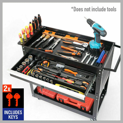 3-Tier Tool Cart Storage Trolley Lock Drawer Parts Cabinet Organizer Heavy Duty