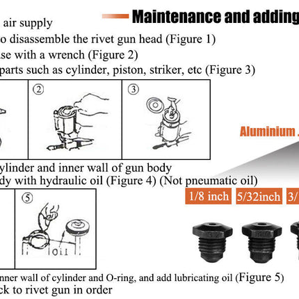 Air Hydraulic Pop Rivet Gun Pneumatic Riveter Industrial 4-Size Set With Case