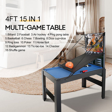T&R SPORTS 4Ft 15 In 1 Multi-Game Table MDF with Great Stability - Black&Blue