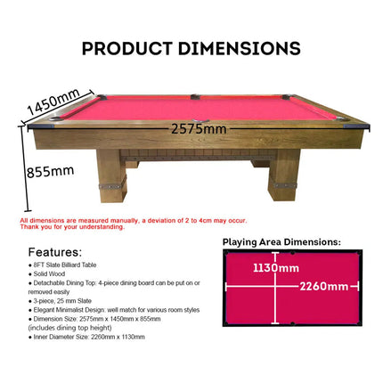 T&R SPORTS MORSE 8FT Slate Billiard Table Pack Luxury Pool / Snooker Table Solid Timber W/ Dining Top Free Accessories - Elm Color&Red