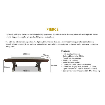 8FT PIERCE Slate Pool Billiards Snooker Table Free Accessory