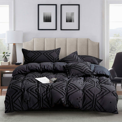 Tufted Textured Jacquard Queen Size Black Duvet Doona Quilt Cover Set