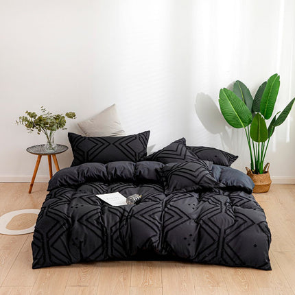 Tufted Textured Jacquard Super King Size Black Duvet Doona Quilt Cover Set