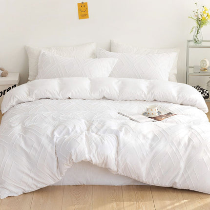 Tufted Diamond Jacquard Queen Size White Duvet Doona Quilt Cover Set