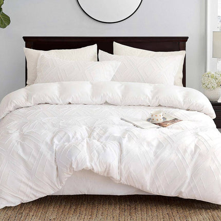 Tufted Diamond Jacquard Super King Size White Duvet Doona Quilt Cover Set