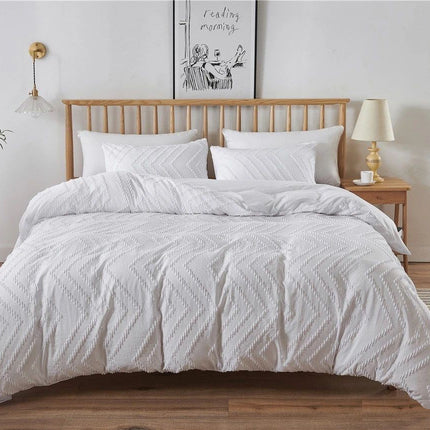 Tufted Boho Wave Jacquard King Size White Duvet Doona Quilt Cover Set