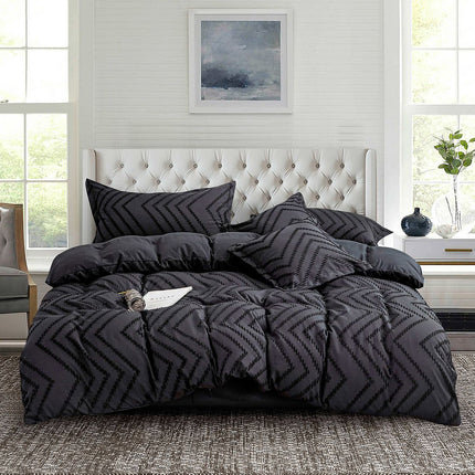 Tufted Boho Wave Jacquard Super King Size Black Duvet Doona Quilt Cover Set