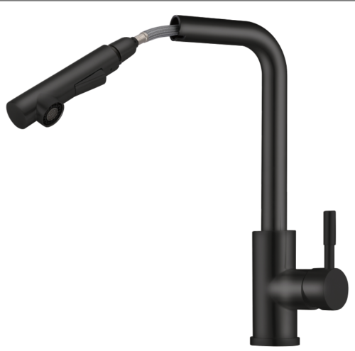 2023 Matte Black L shape pull out with spray function spring kitchen mixer tap faucet Stainless steel Made PVD plated