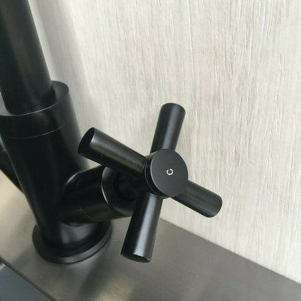 2023 Matte Black Cross 1/4 turn hot cold Solid stainless steel  goose neck Swivel Kitchen tap