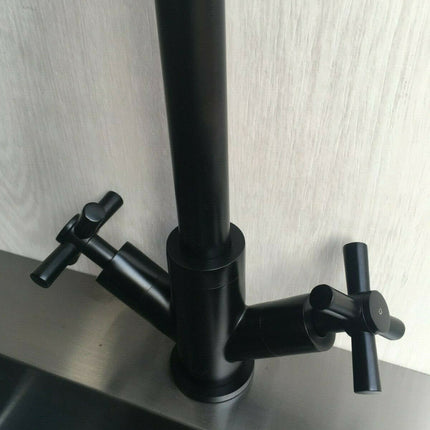 2023 Matte Black Cross 1/4 turn hot cold Solid stainless steel  goose neck Swivel Kitchen tap