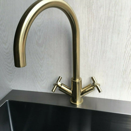 2023 Matte Black Cross 1/4 turn hot cold Solid stainless steel  goose neck Swivel Kitchen tap