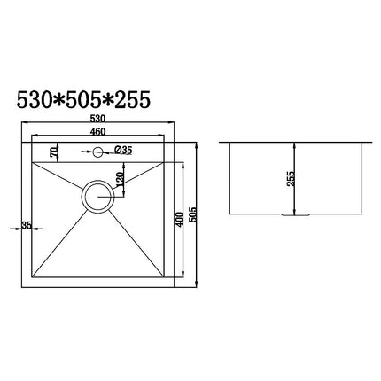 530x505mm Handmade Stainless Steel Topmount Kitchen Laundry Sink with Waste