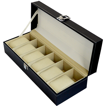 6 Slot Mens Watch Display Case Box Black PU Leather